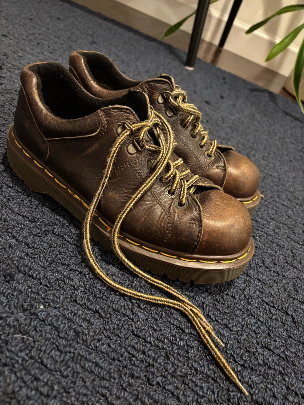 Dr. Martens Men's Brown Leather Lace-Up Derbys with Yellow Stitching